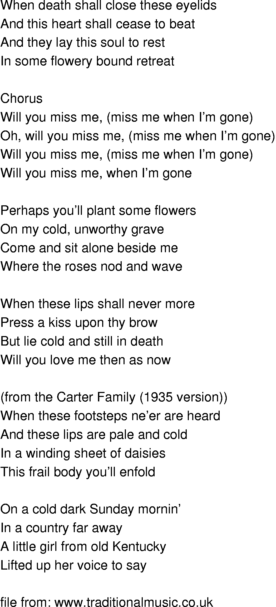 Old-Time (oldtimey) Song Lyrics - will you miss me