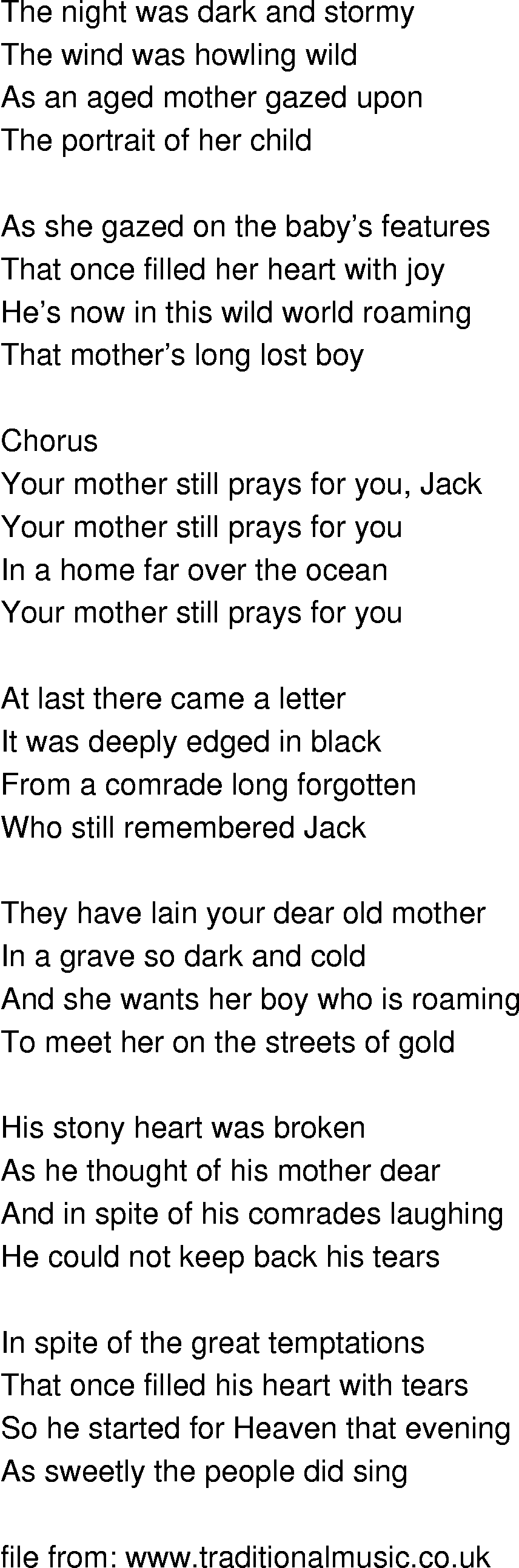 Old-Time (oldtimey) Song Lyrics - your mother still prays for you