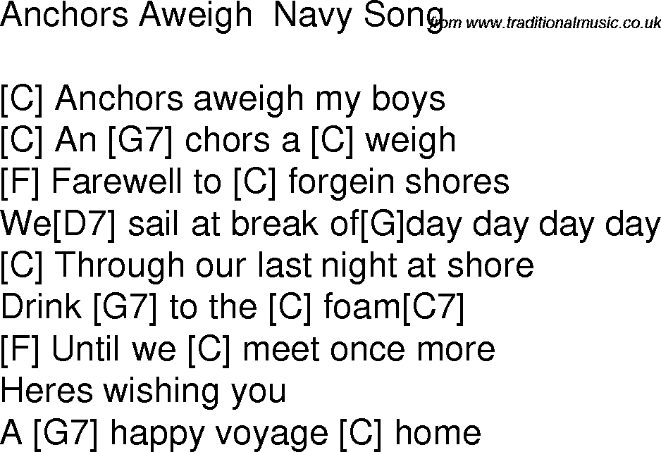 Old time song lyrics with chords for Anchors Aweigh C