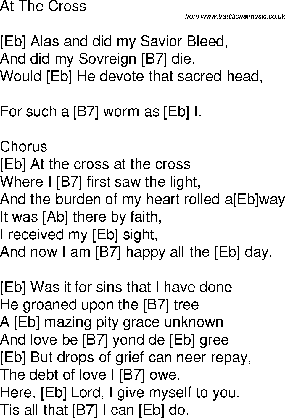 Old time song lyrics with chords for At The Cross Eb
