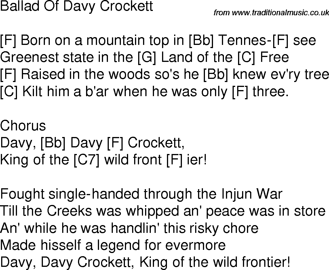 Old time song lyrics with chords for Ballad Of Davy Crockett F