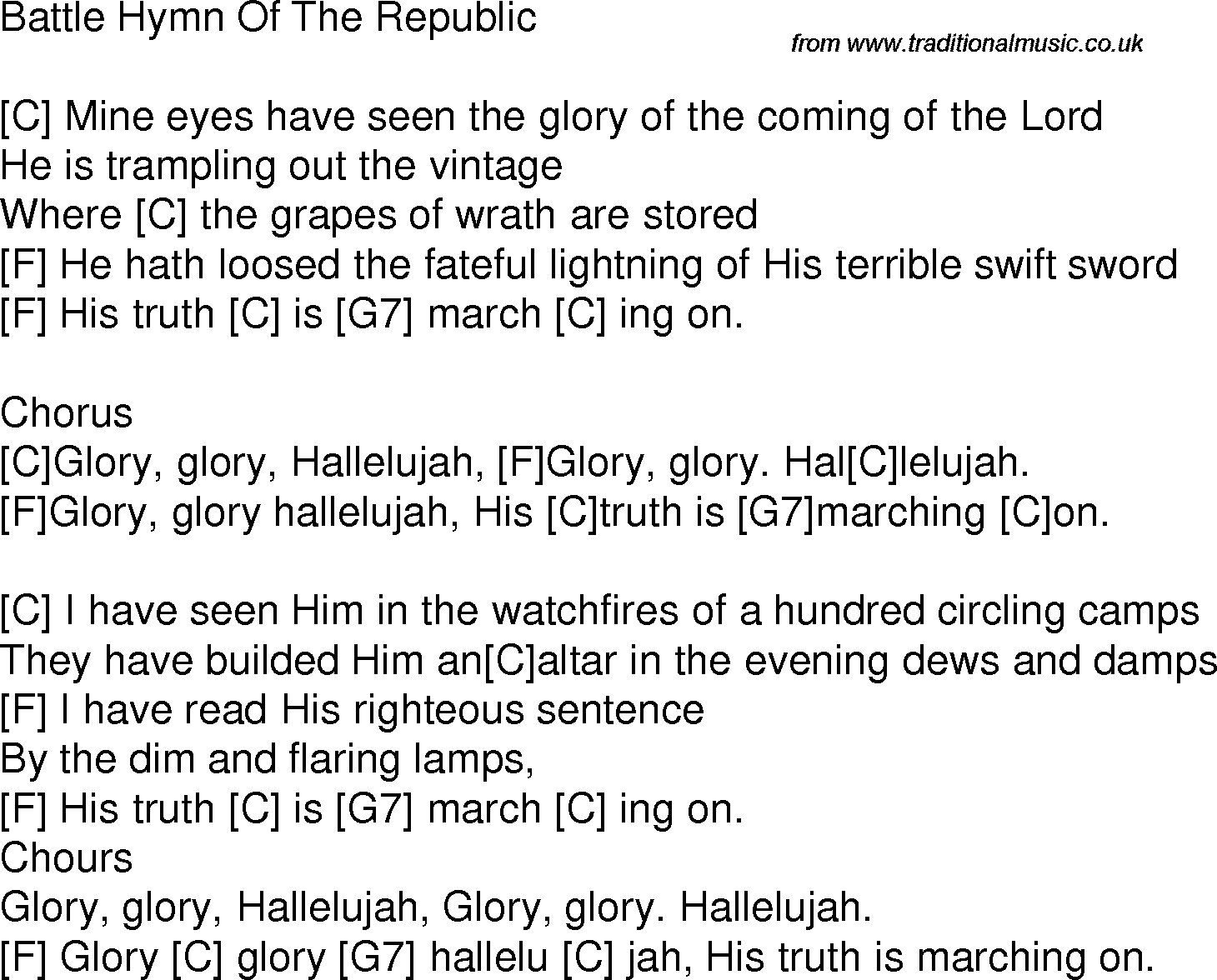 Old time song lyrics with chords for Battle Hymn Of The Republic G