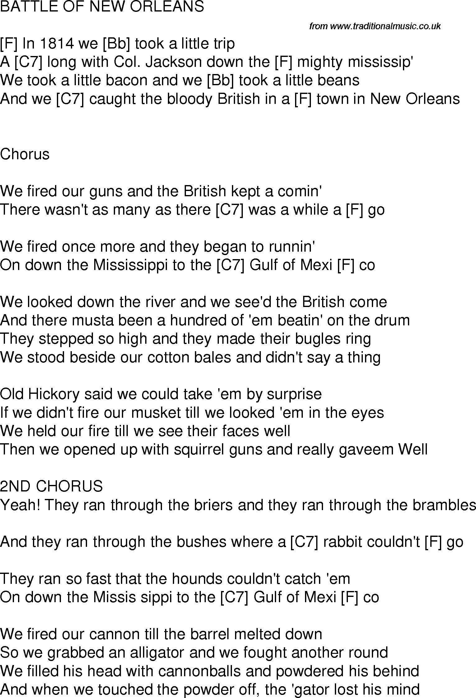 Old time song lyrics with guitar chords for Battle Of New Orleans F
