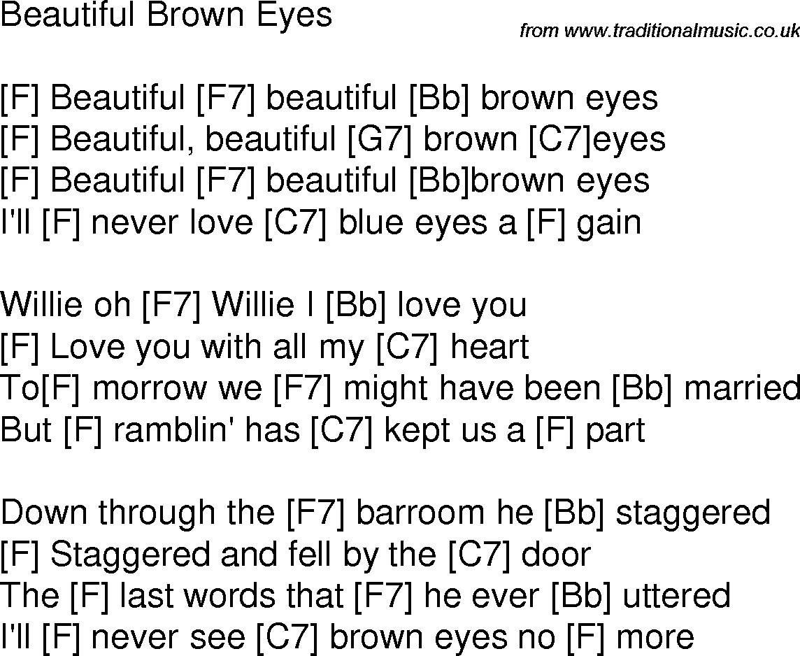 Old time song lyrics with chords for Beautiful Brown Eyes F