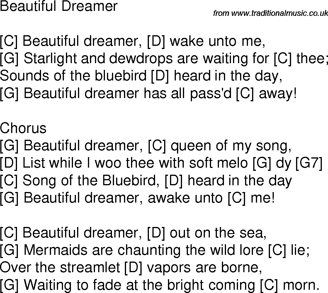 Old time song lyrics with chords for Beautiful Dreamer C