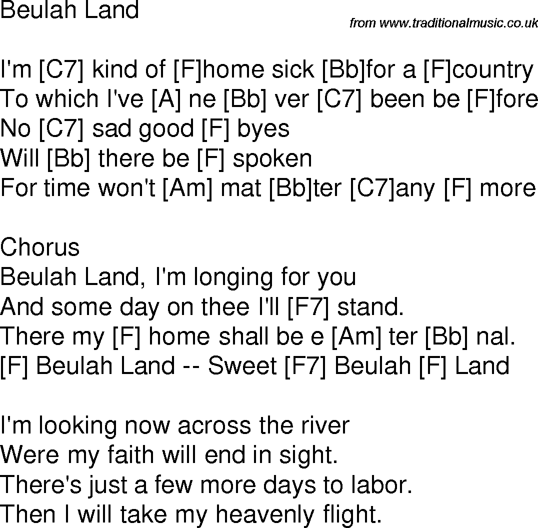 Old time song lyrics with chords for Beulah Land F