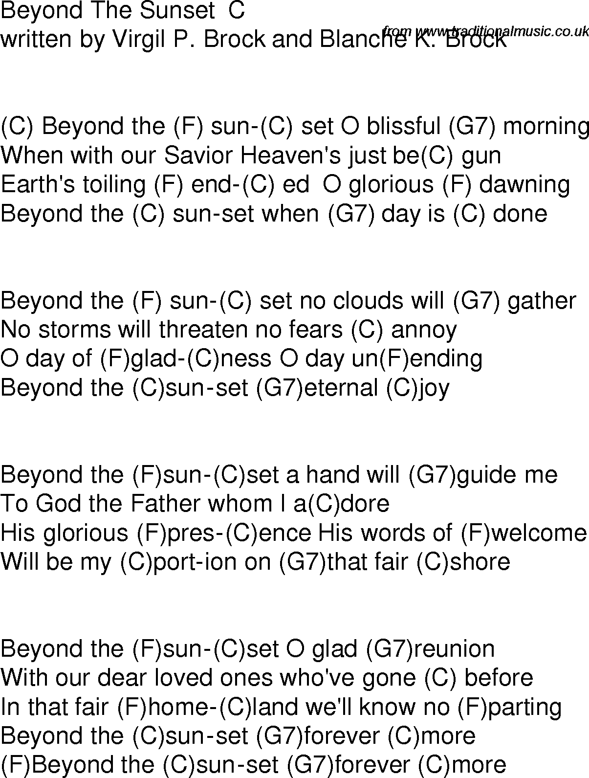 Old time song lyrics with chords for Beyond The Sunset C