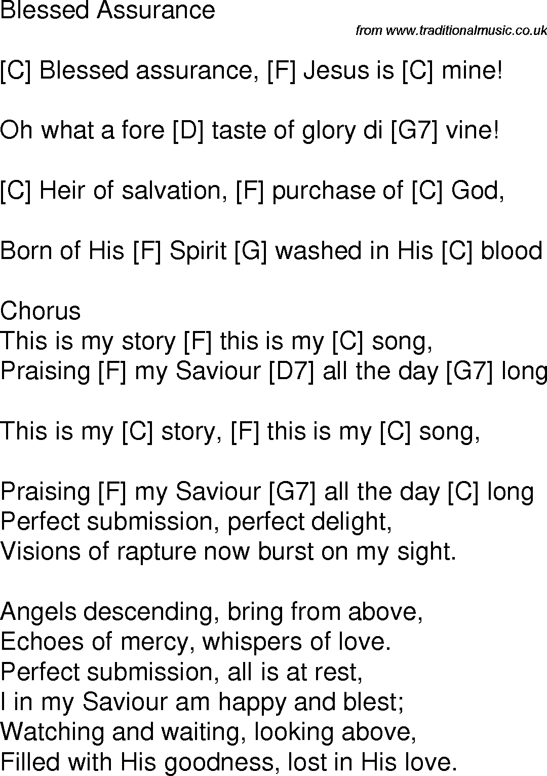 Old time song lyrics with chords for Blessed Assurance C