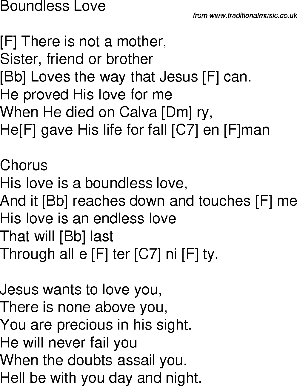 Old time song lyrics with chords for Boundless Love F