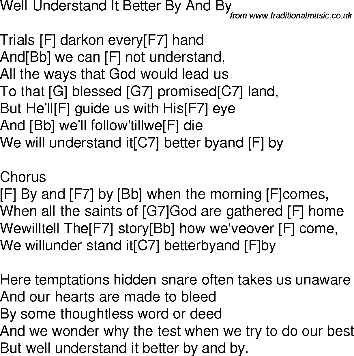 Old time song lyrics with chords for By And By F