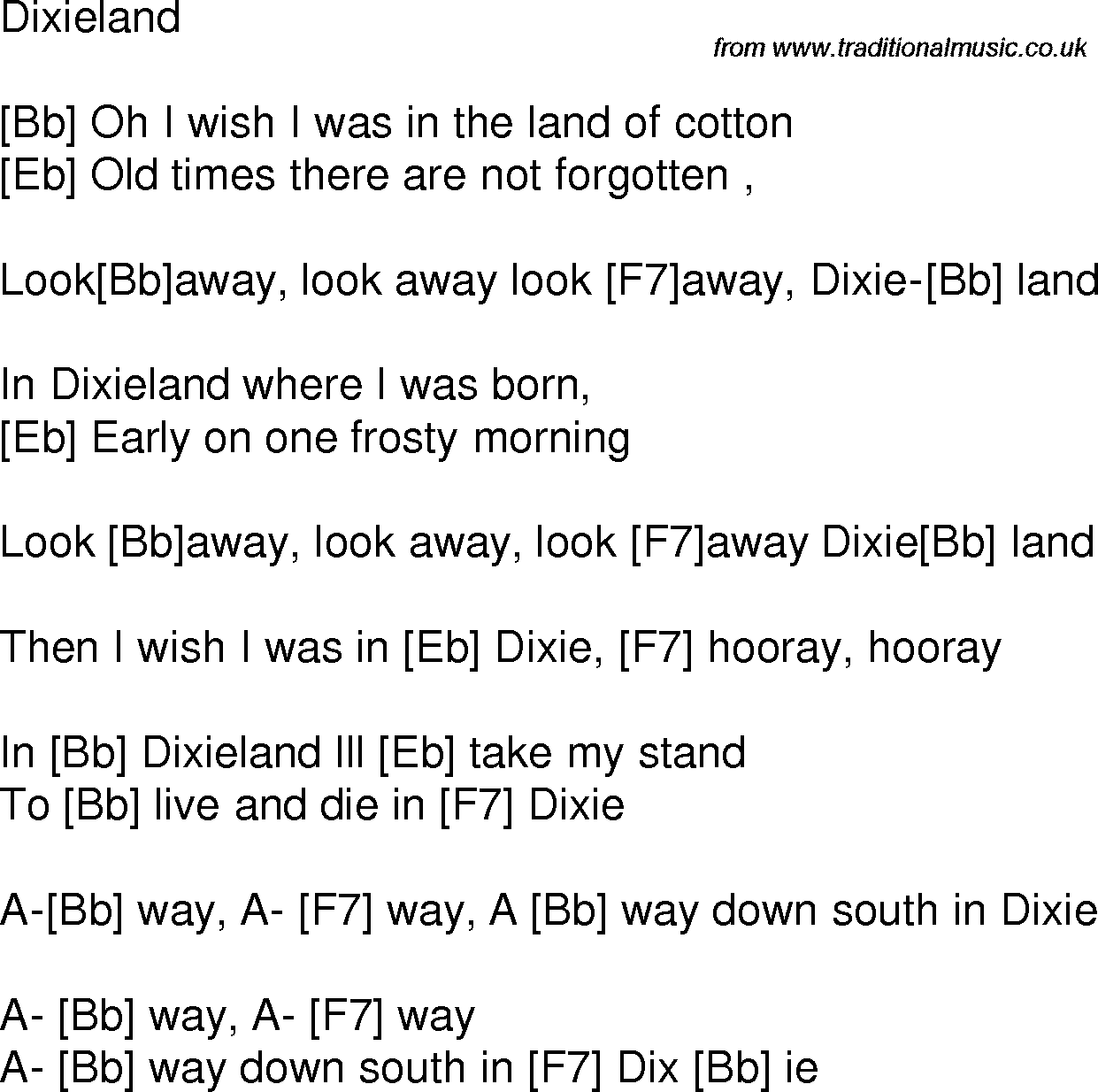 Old time song lyrics with chords for Dixieland Bb