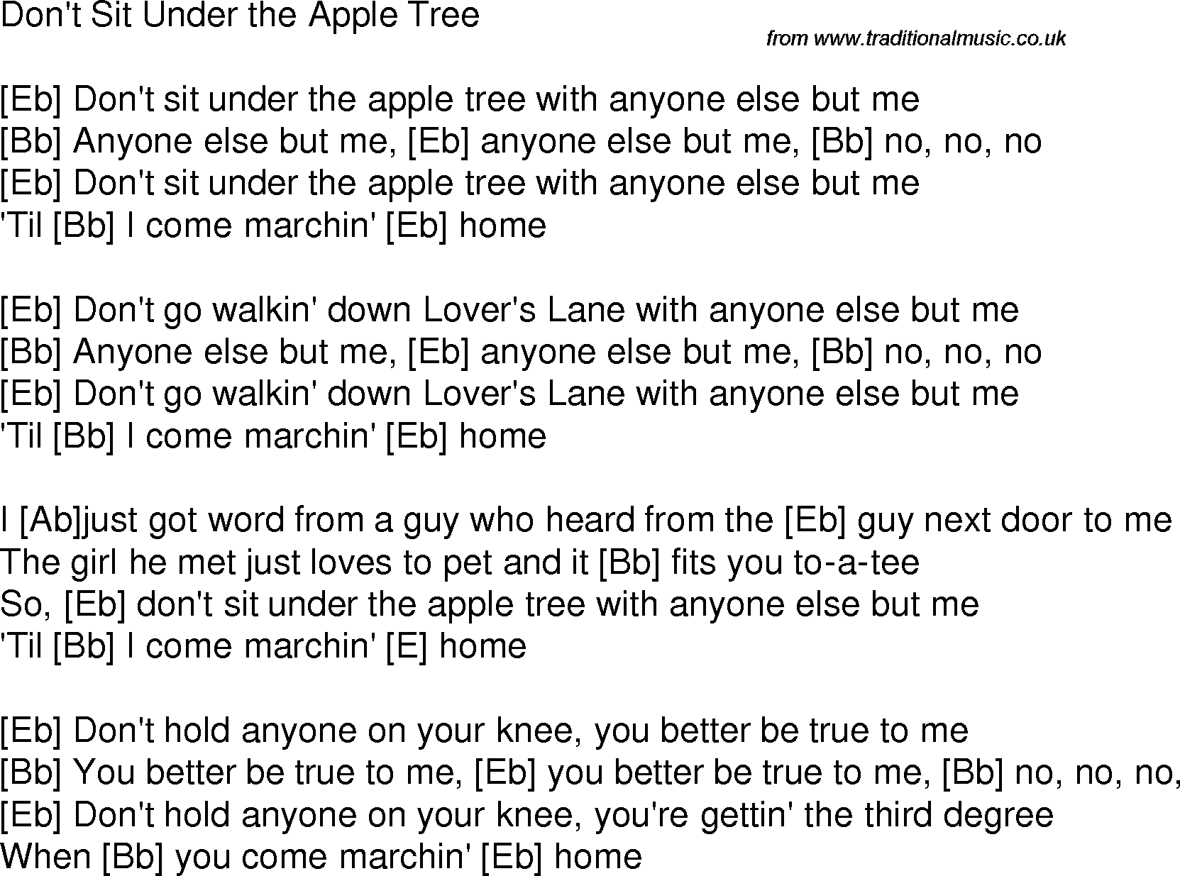 Old time song lyrics with chords for Don't Sit Under The Apple Tree Eb
