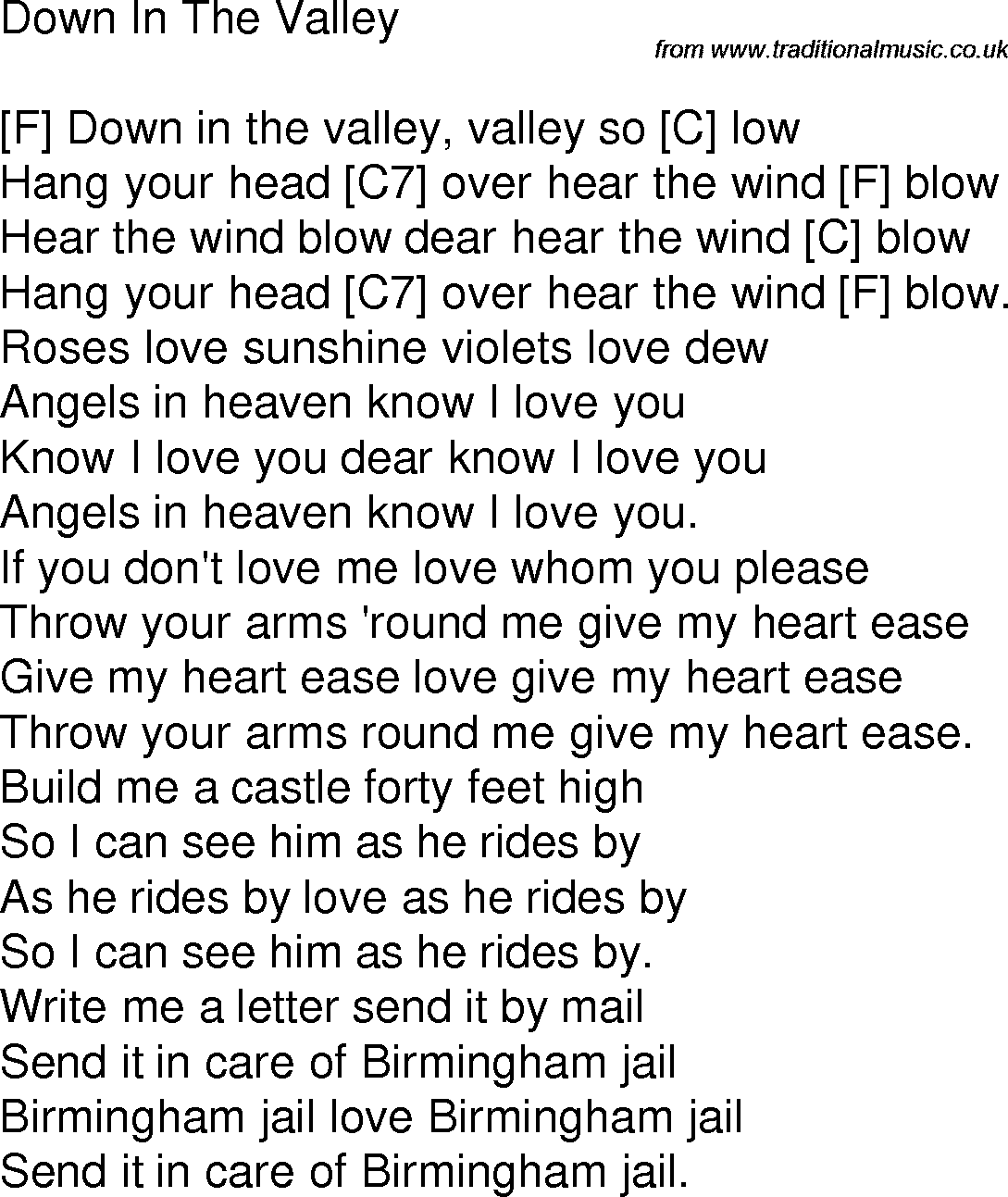 Old time song lyrics with chords for Down In The Valley F