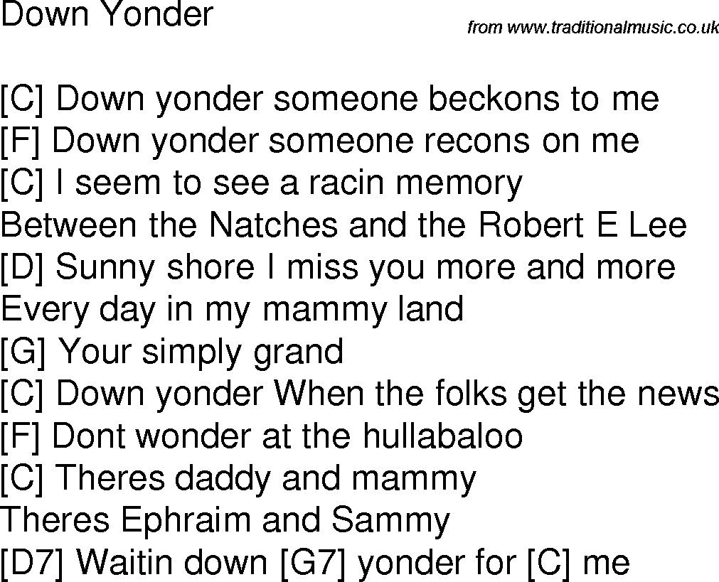 Old time song lyrics with chords for Down Yonder C