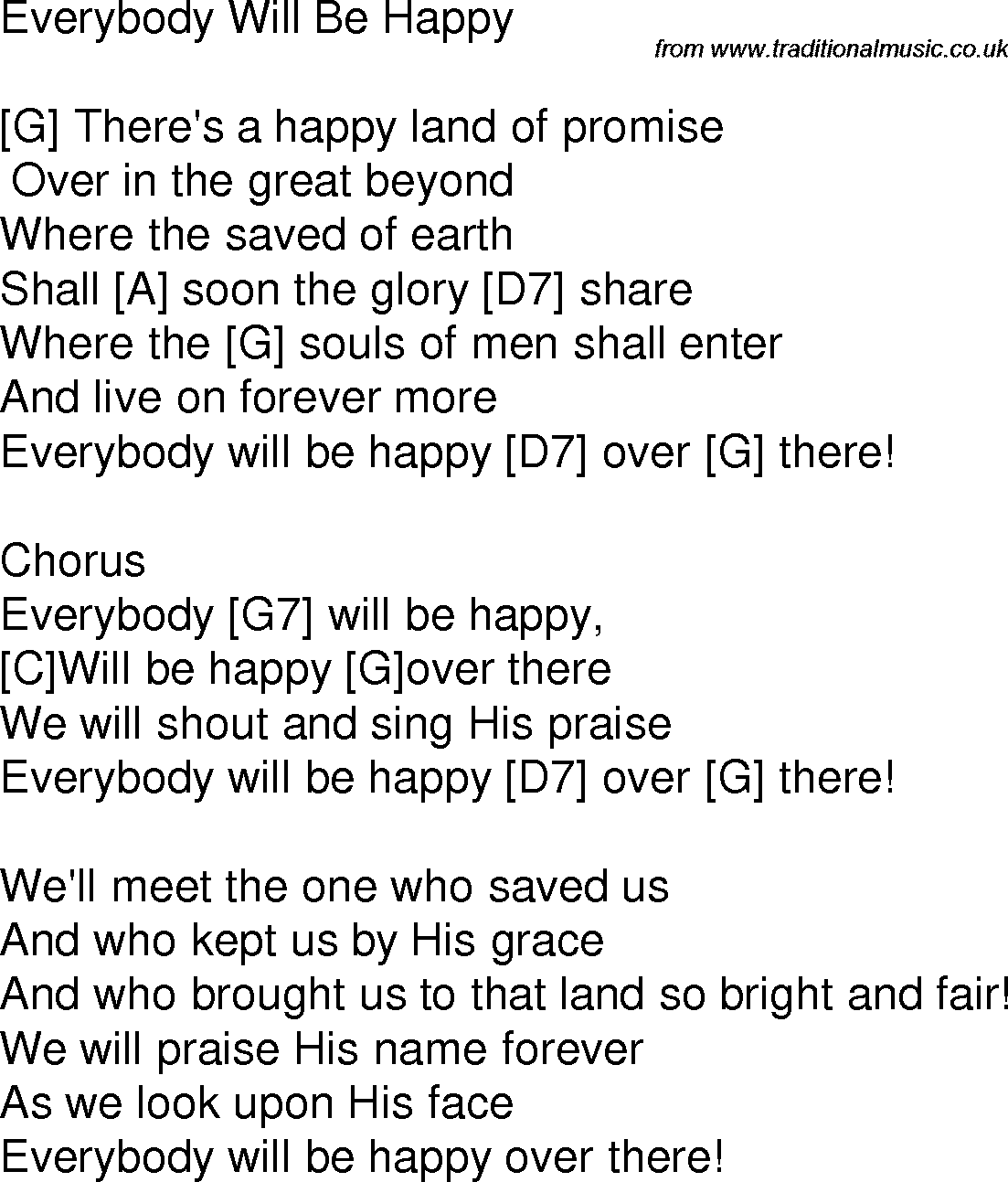 Old time song lyrics with chords for Everybody Will Be Happy G