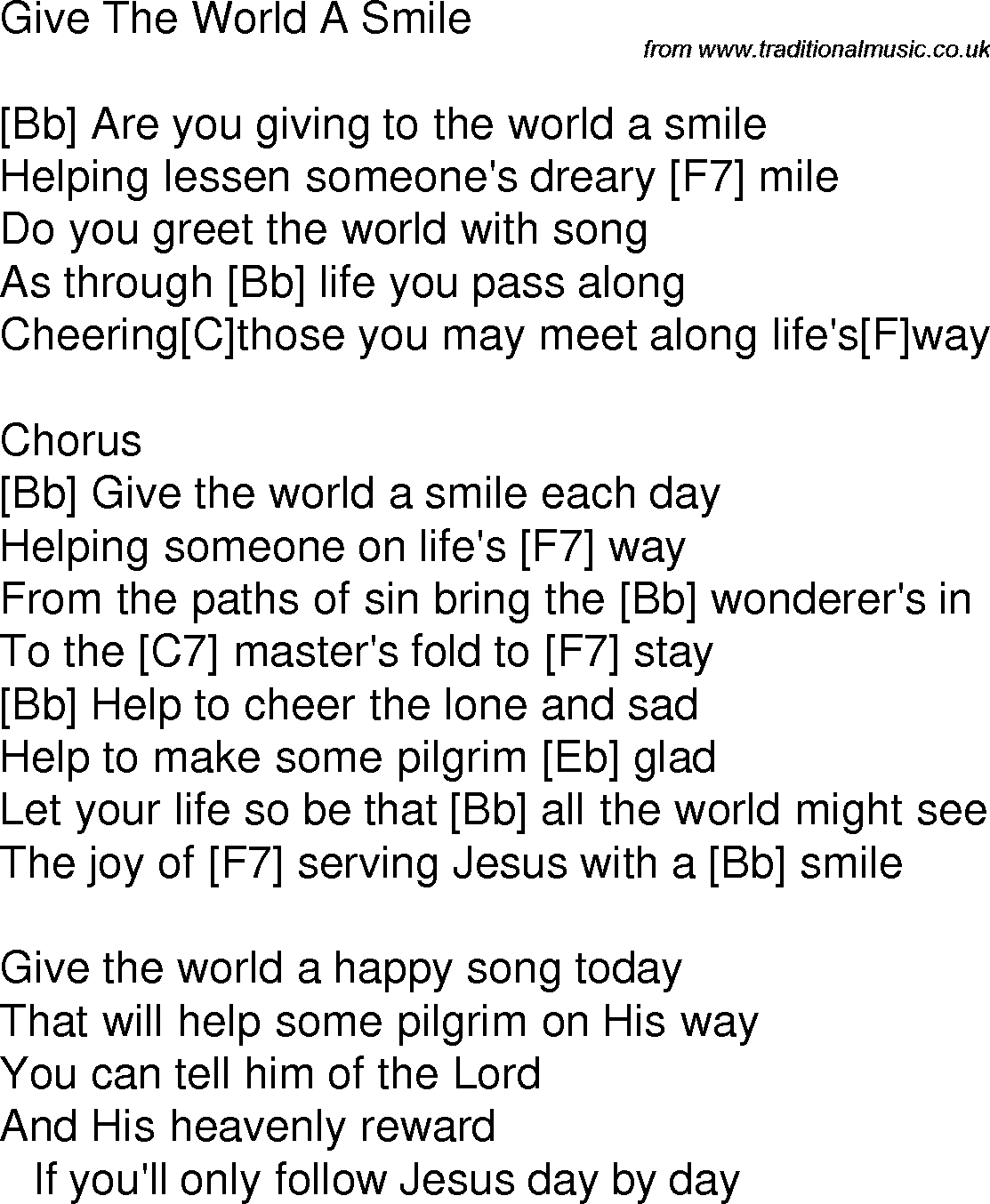 Old time song lyrics with chords for Give The World A Smile Bb