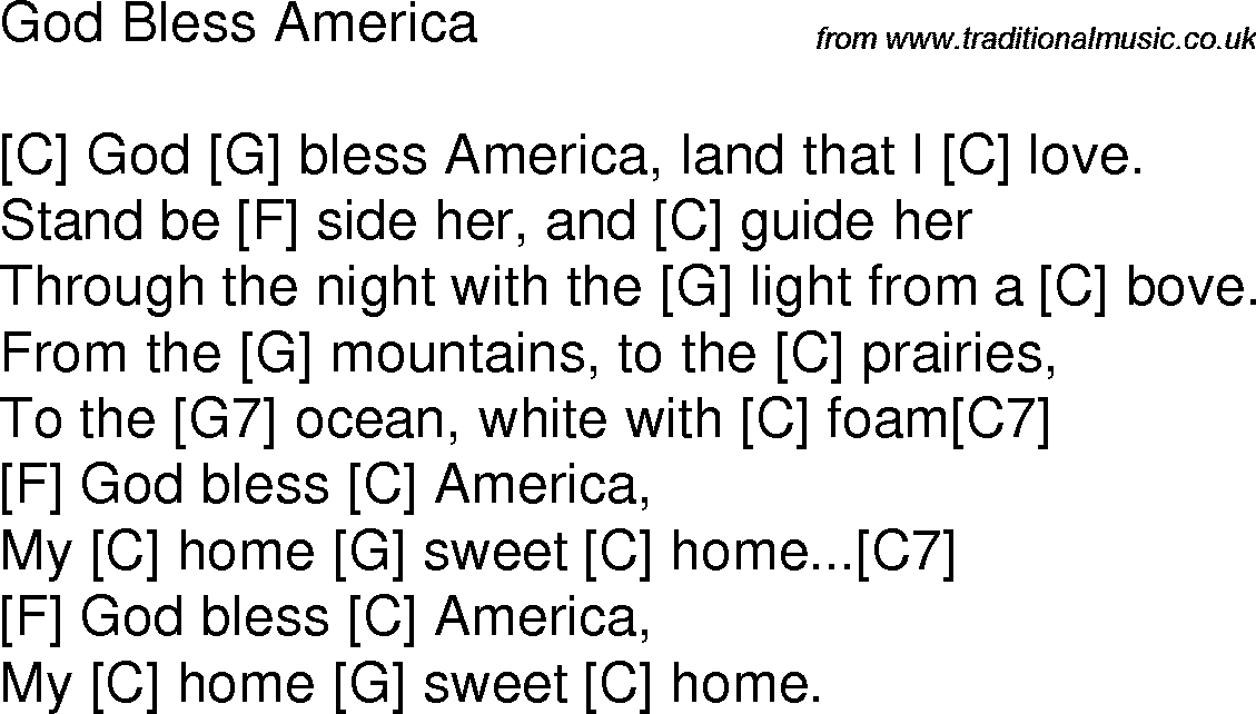 Old time song lyrics with chords for God Bless America C