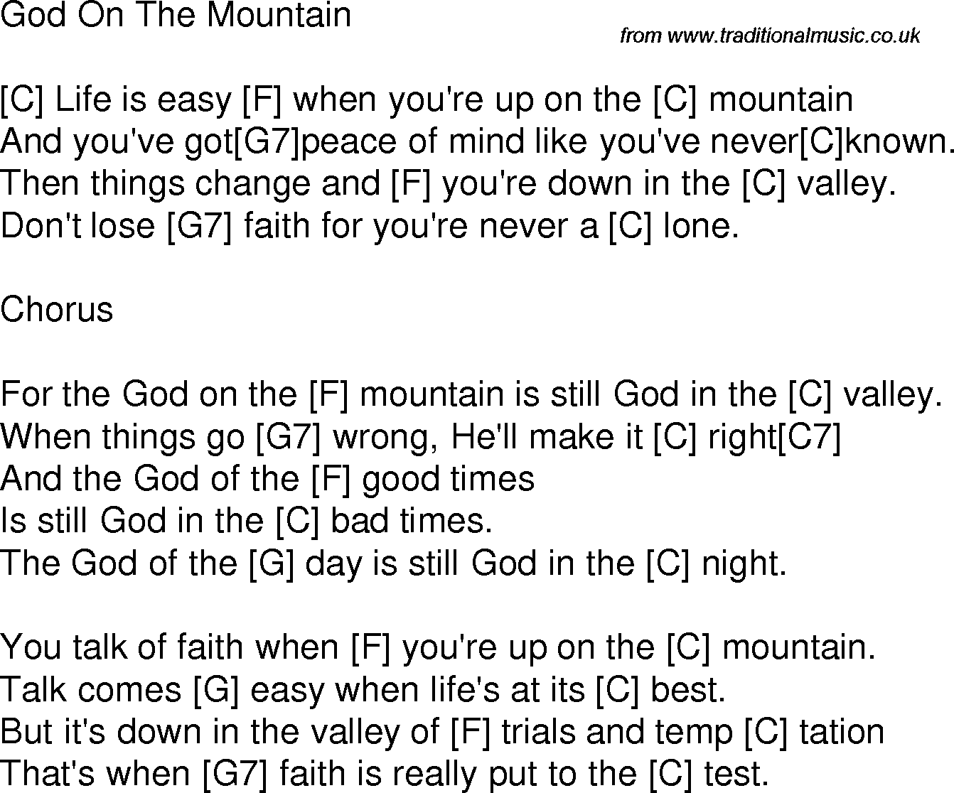 Old time song lyrics with chords for God On The Mountain C