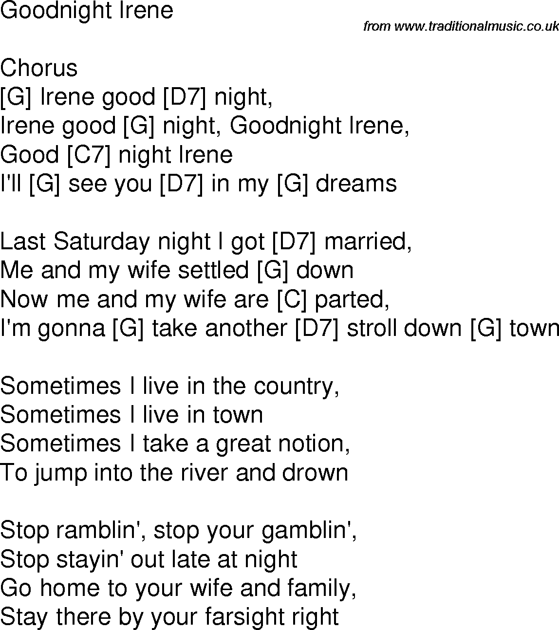 Old time song lyrics with chords for Goodnight Irene G