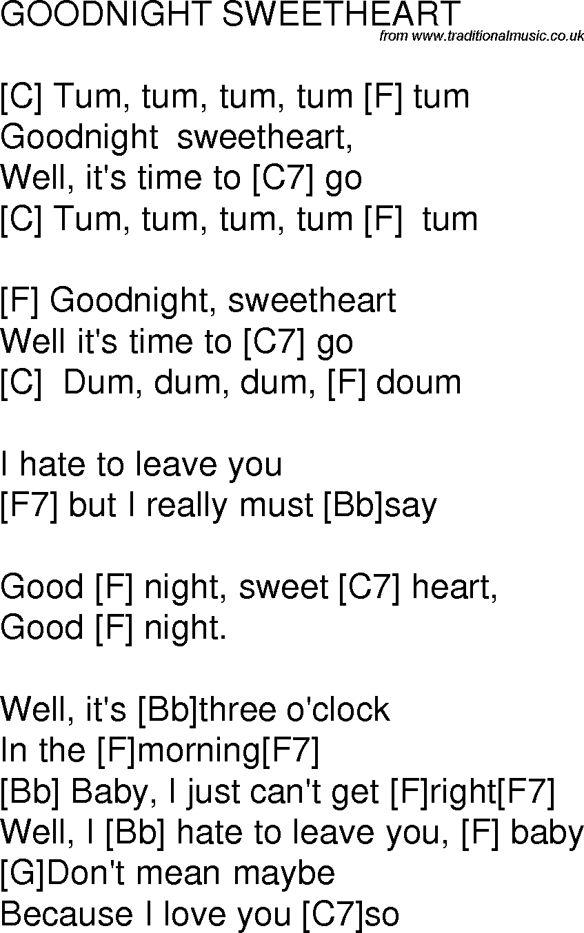 Old time song lyrics with chords for Goodnight Sweetheart F