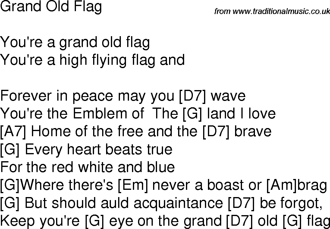 Old time song lyrics with chords for Grand Old Flag G
