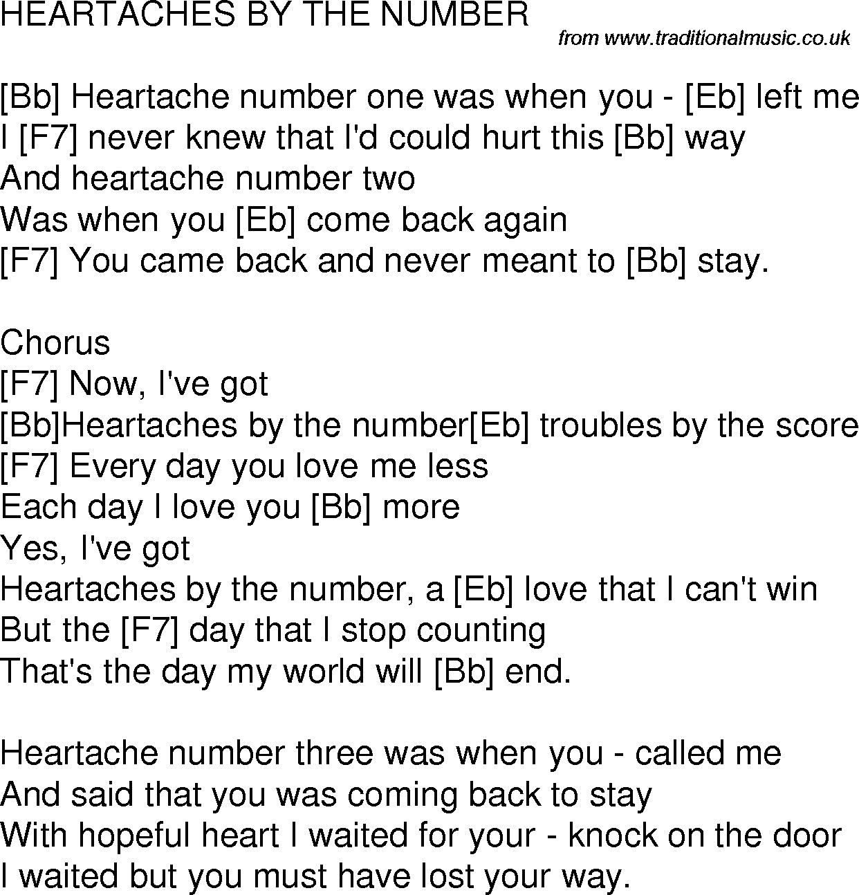 Old time song lyrics with chords for Heartaches By The Number Bb