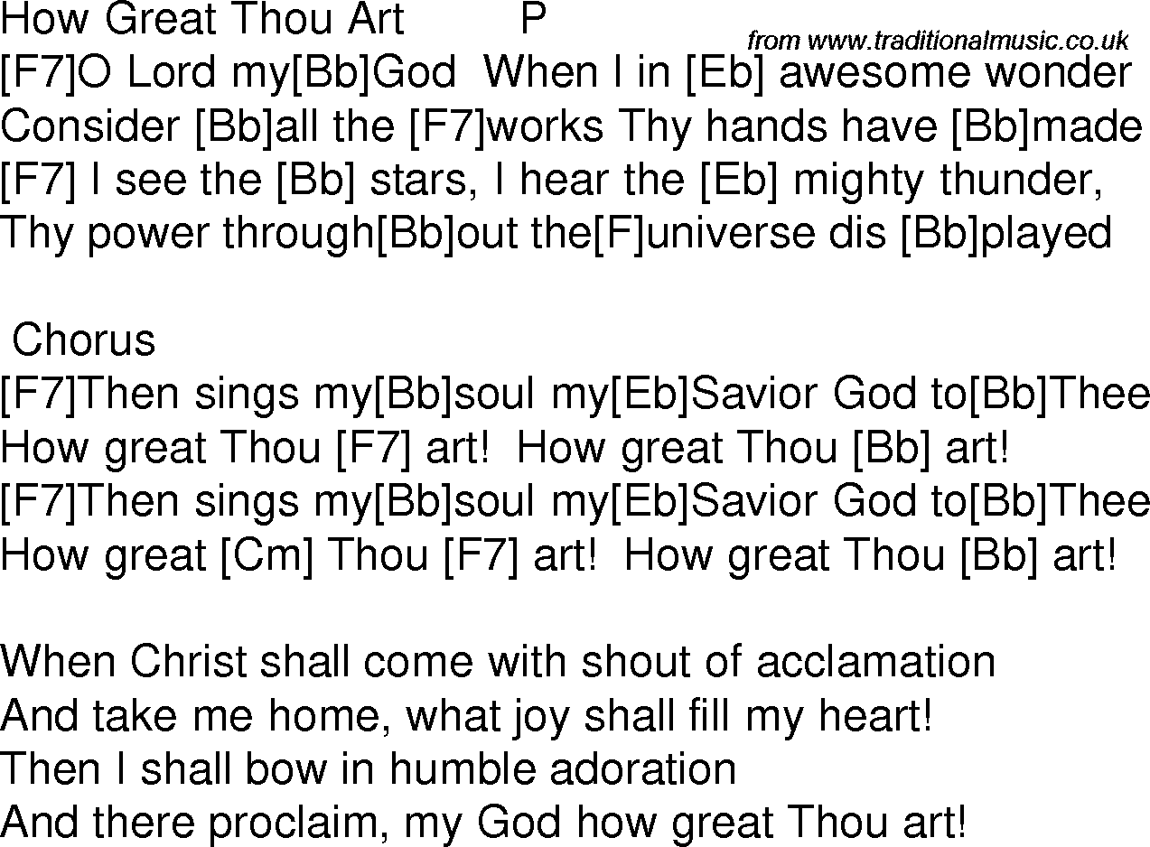 Old time song lyrics with chords for How Great Thou Art F