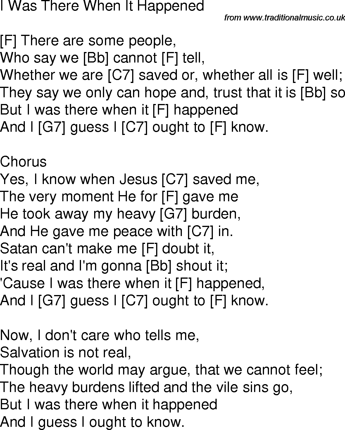 Old time song lyrics with chords for I Was There When It Happened F