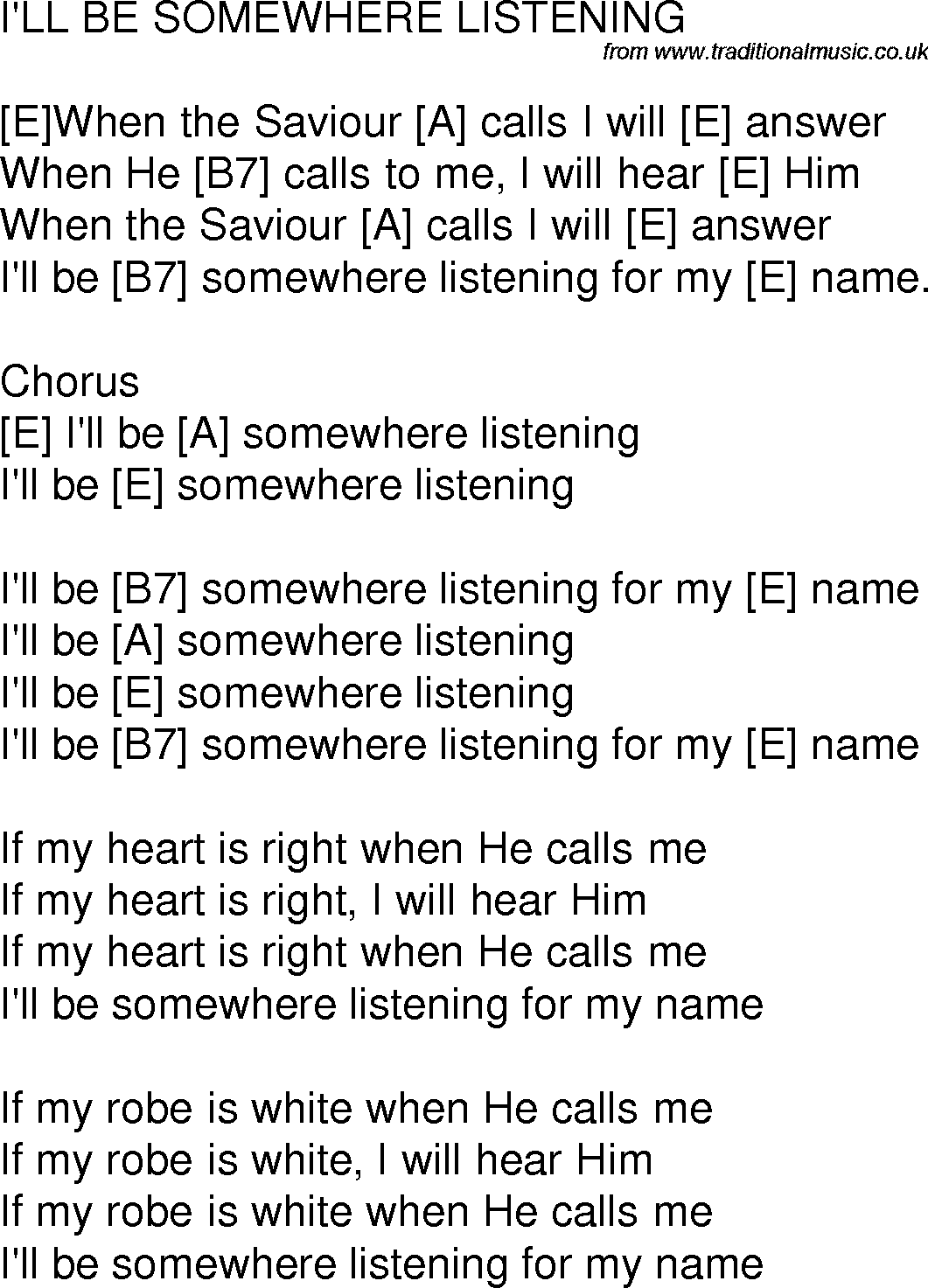 Old time song lyrics with chords for I'll Be Somewhere Listening E
