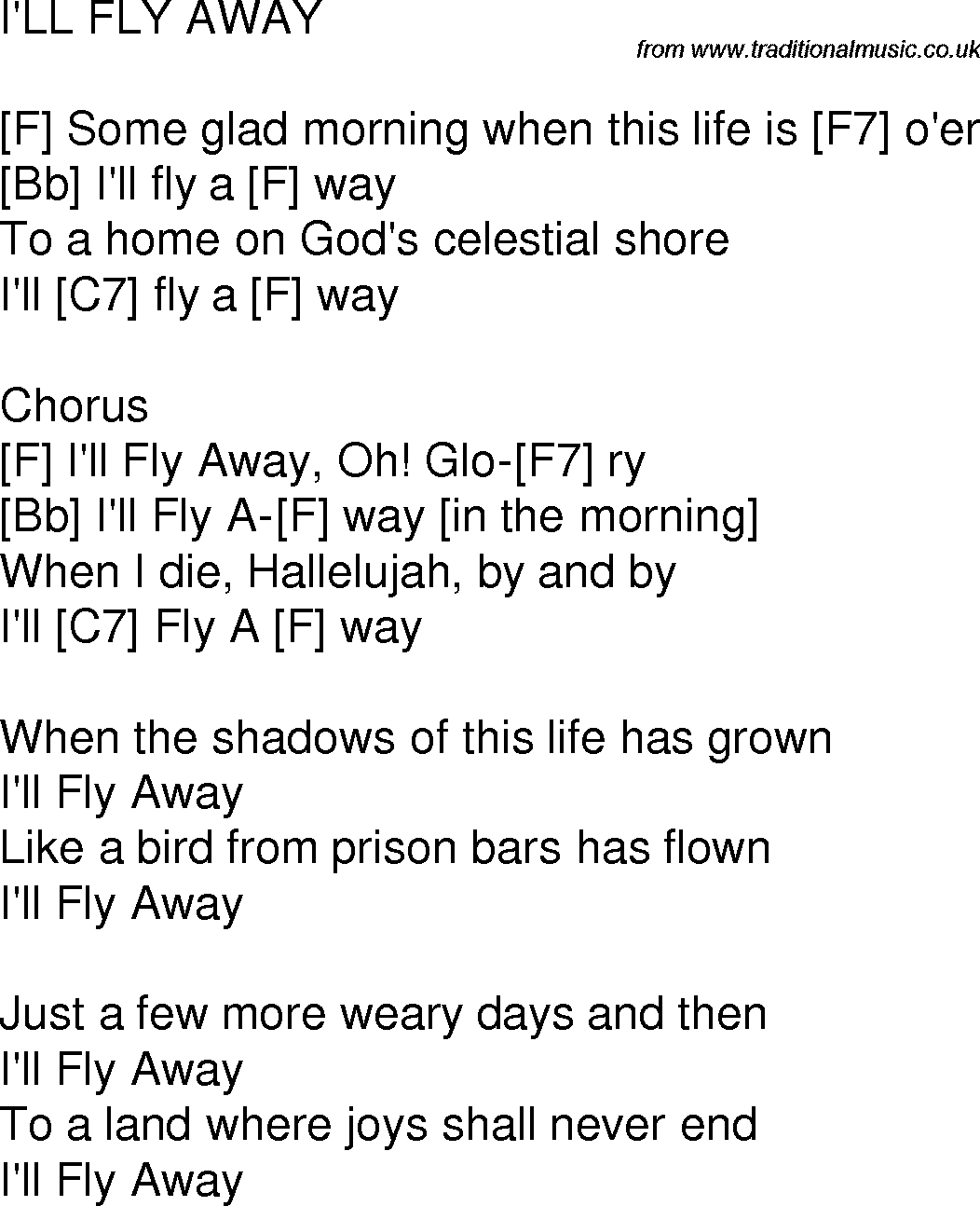 Old time song lyrics with chords for I'll Fly Away C