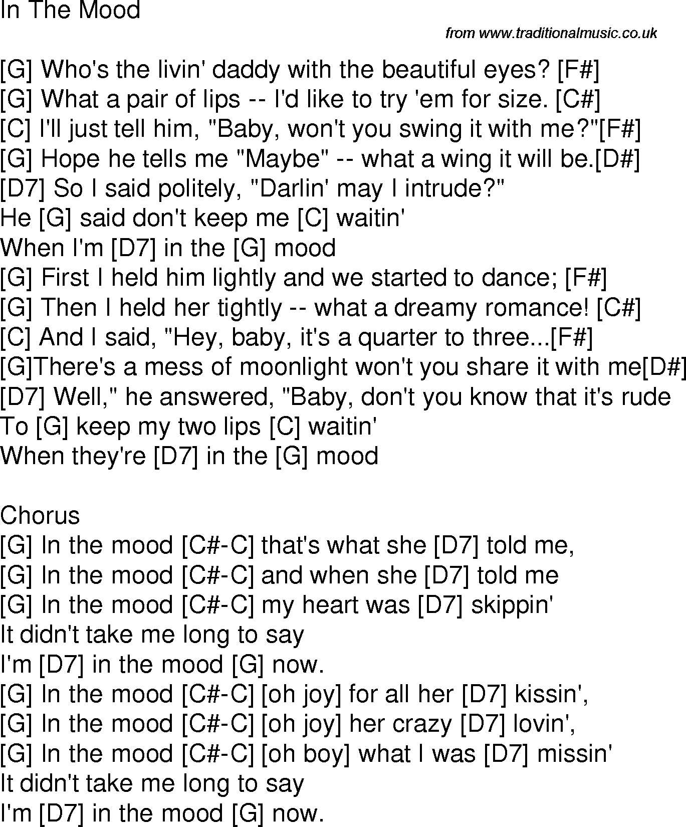 Old time song lyrics with chords for In The Mood G
