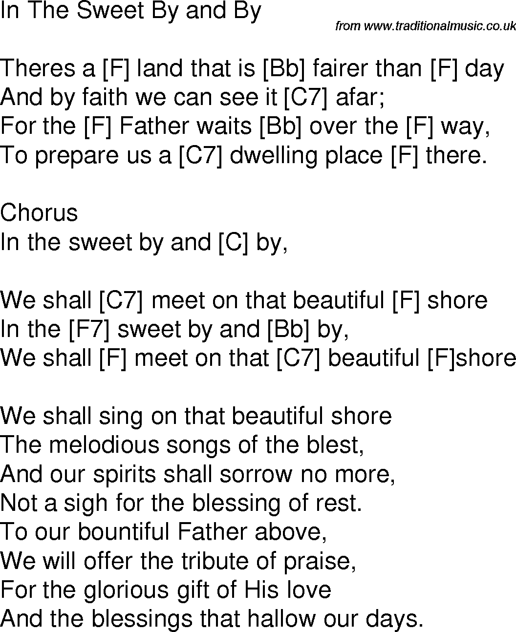 Old time song lyrics with chords for In The Sweet By And By F