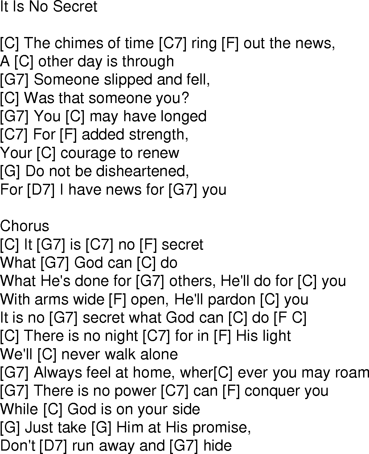 Old time song lyrics with chords for It Is No Secret C
