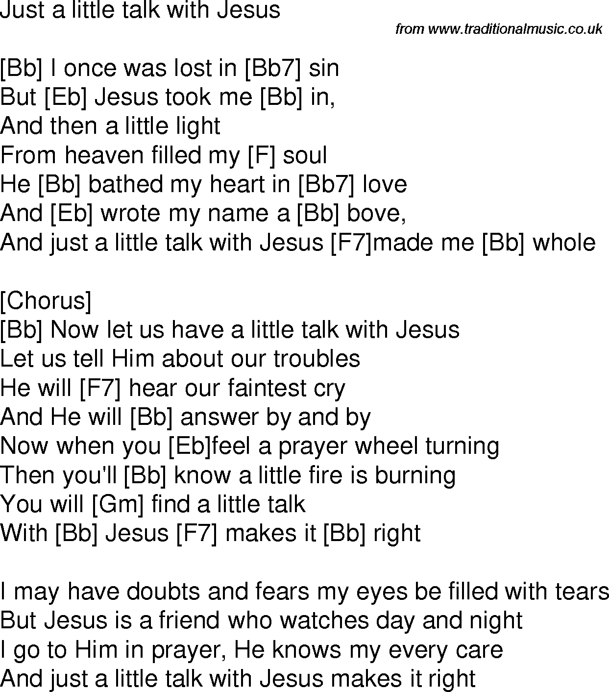 Old time song lyrics with chords for Just A Little Talk With Jesus Bb