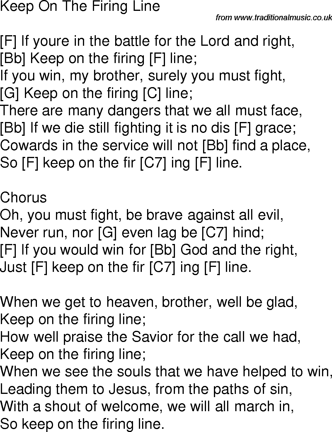 Old time song lyrics with chords for Keep On The Firing Line F