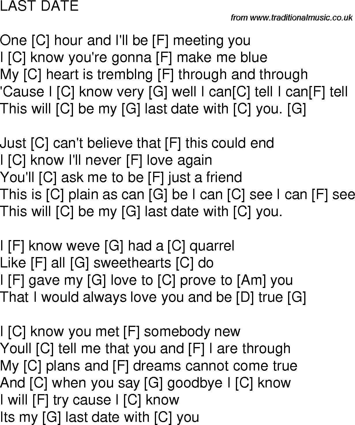 Old time song lyrics with chords for Last Date C
