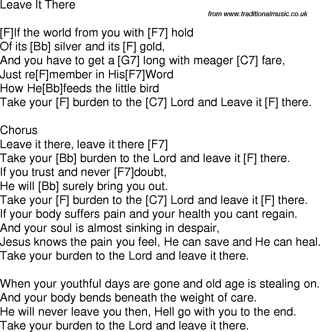 Old time song lyrics with chords for Leave It There F