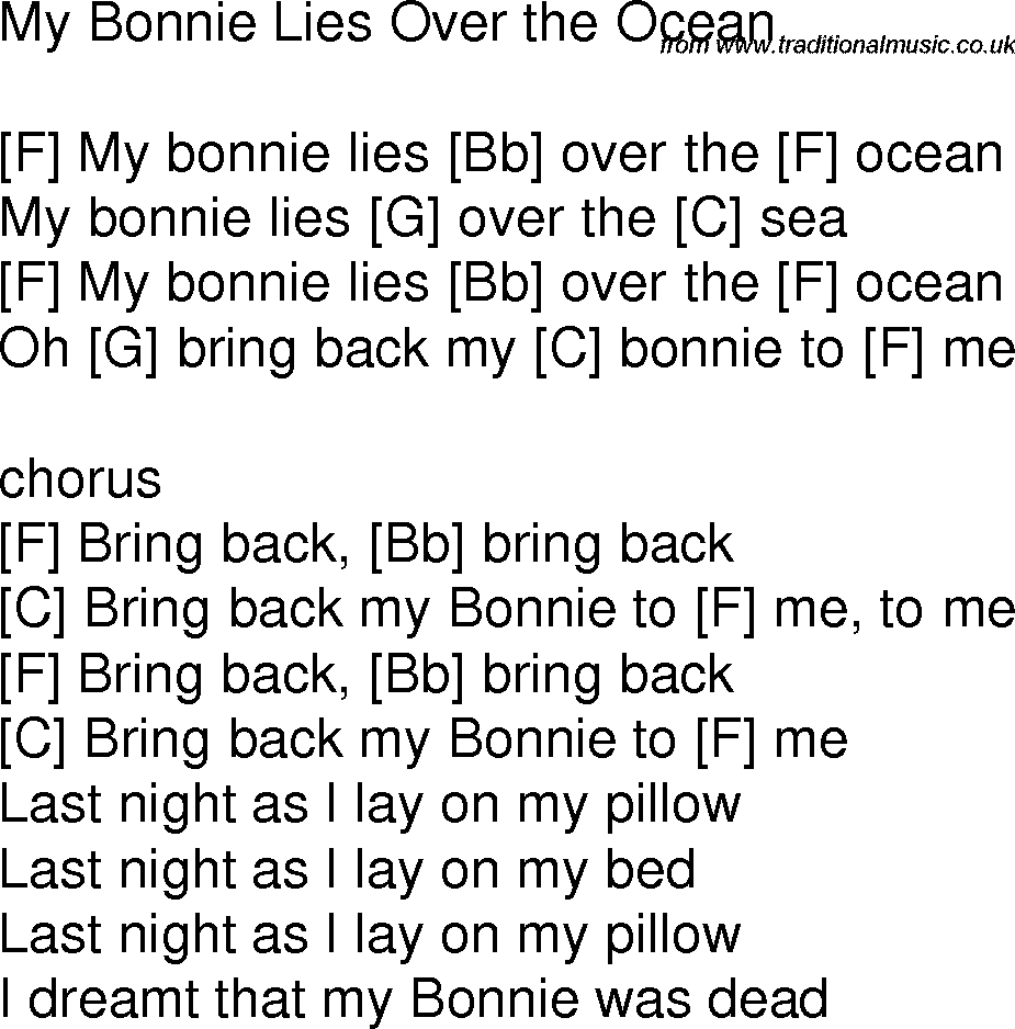 Old time song lyrics with chords for My Bonnie Lies Over The Ocean F