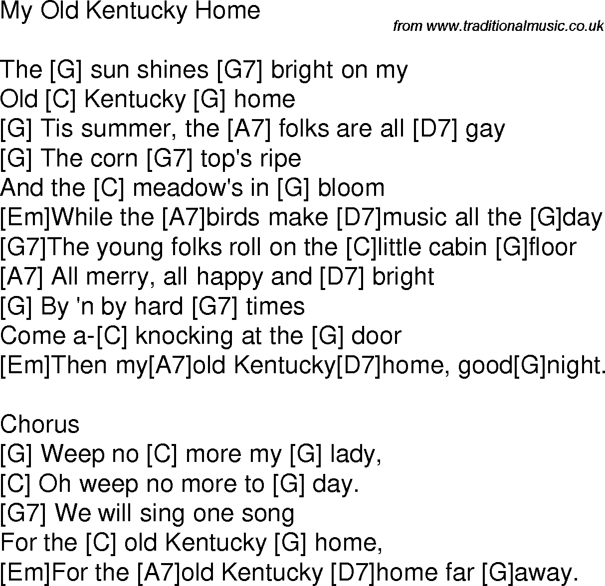 Old time song lyrics with chords for My Old Kentucky Home G