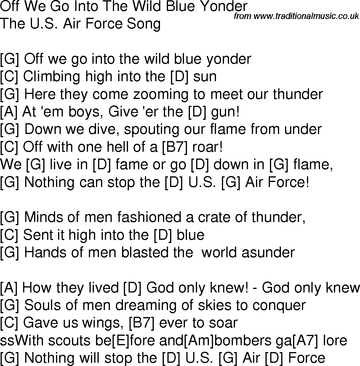 Old time song lyrics with chords for Off We Go Into The Wild Blue Yonder G