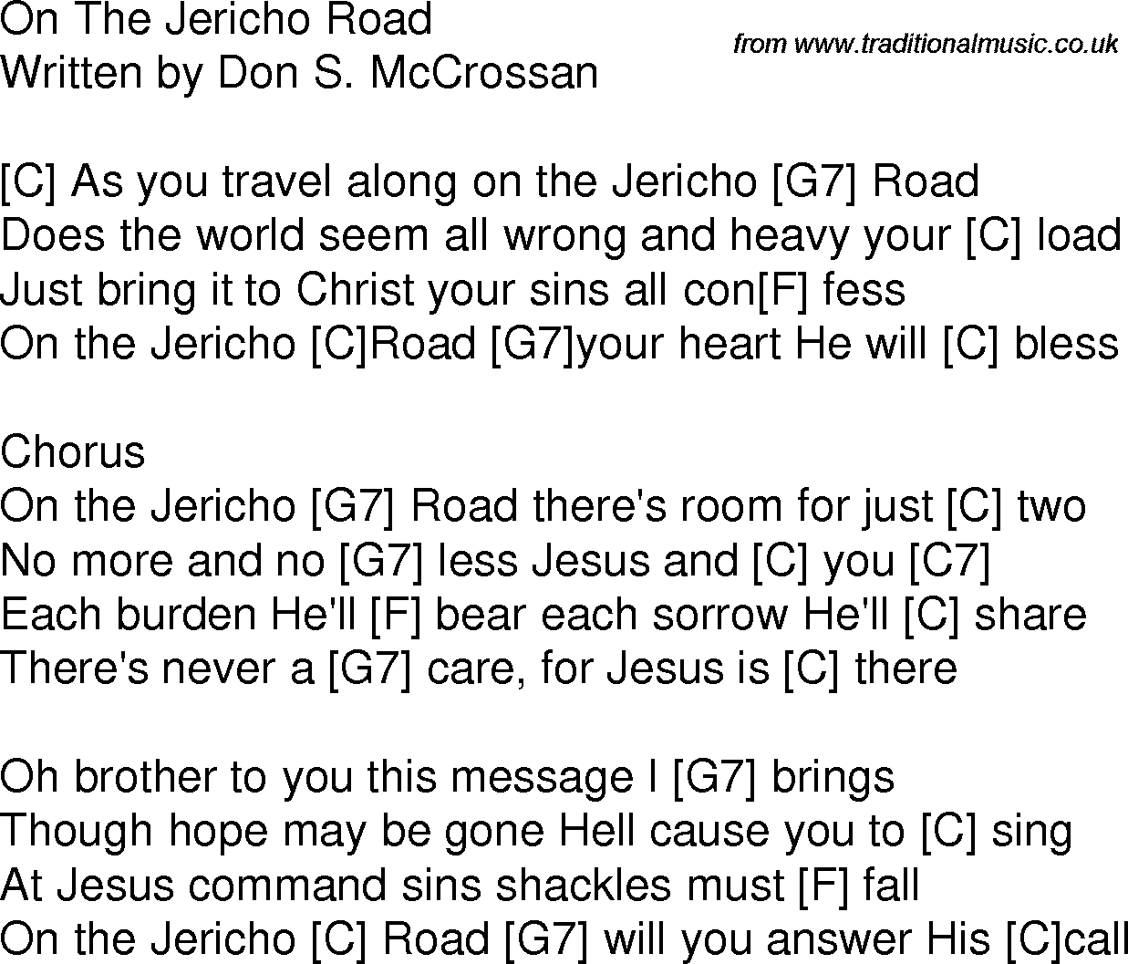 Old time song lyrics with chords for On The Jericho Road C