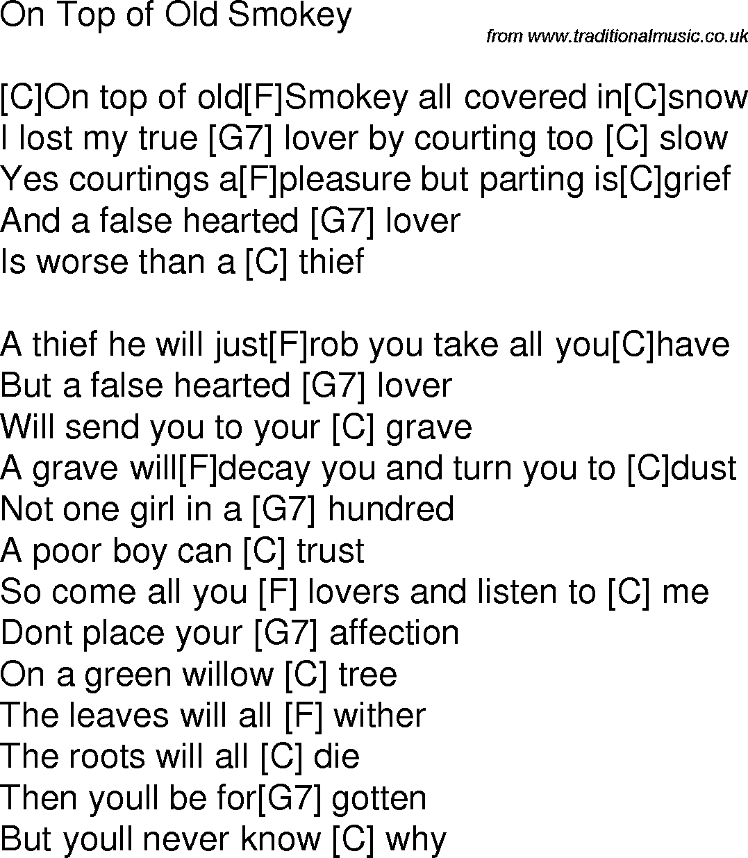 Old time song lyrics with chords for On Top Of Old Smokey C