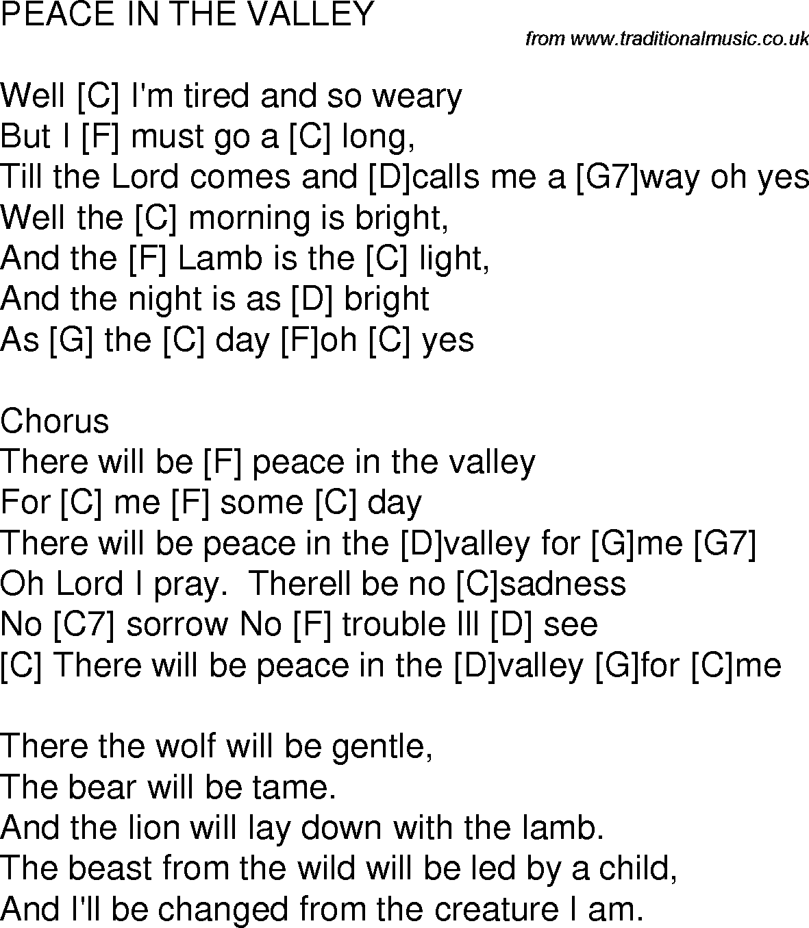 Old time song lyrics with chords for Peace In The Valley C
