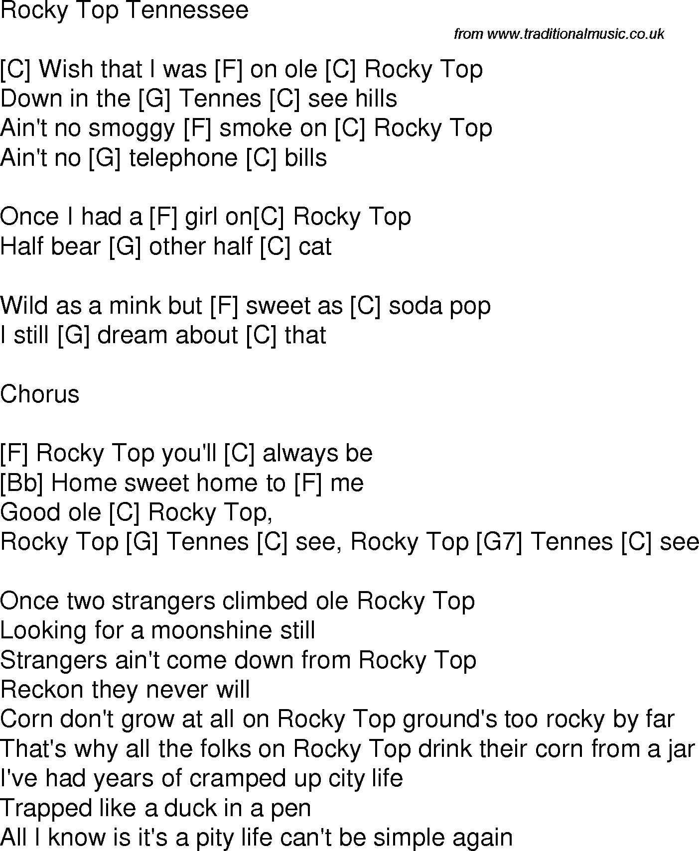 Old time song lyrics with chords for Rocky Top Tennessee C