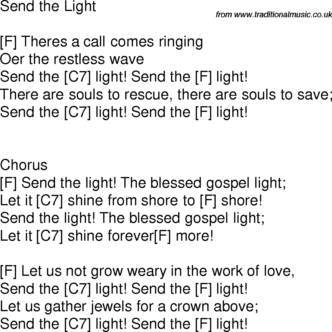 Old time song lyrics with chords for Send The Light F