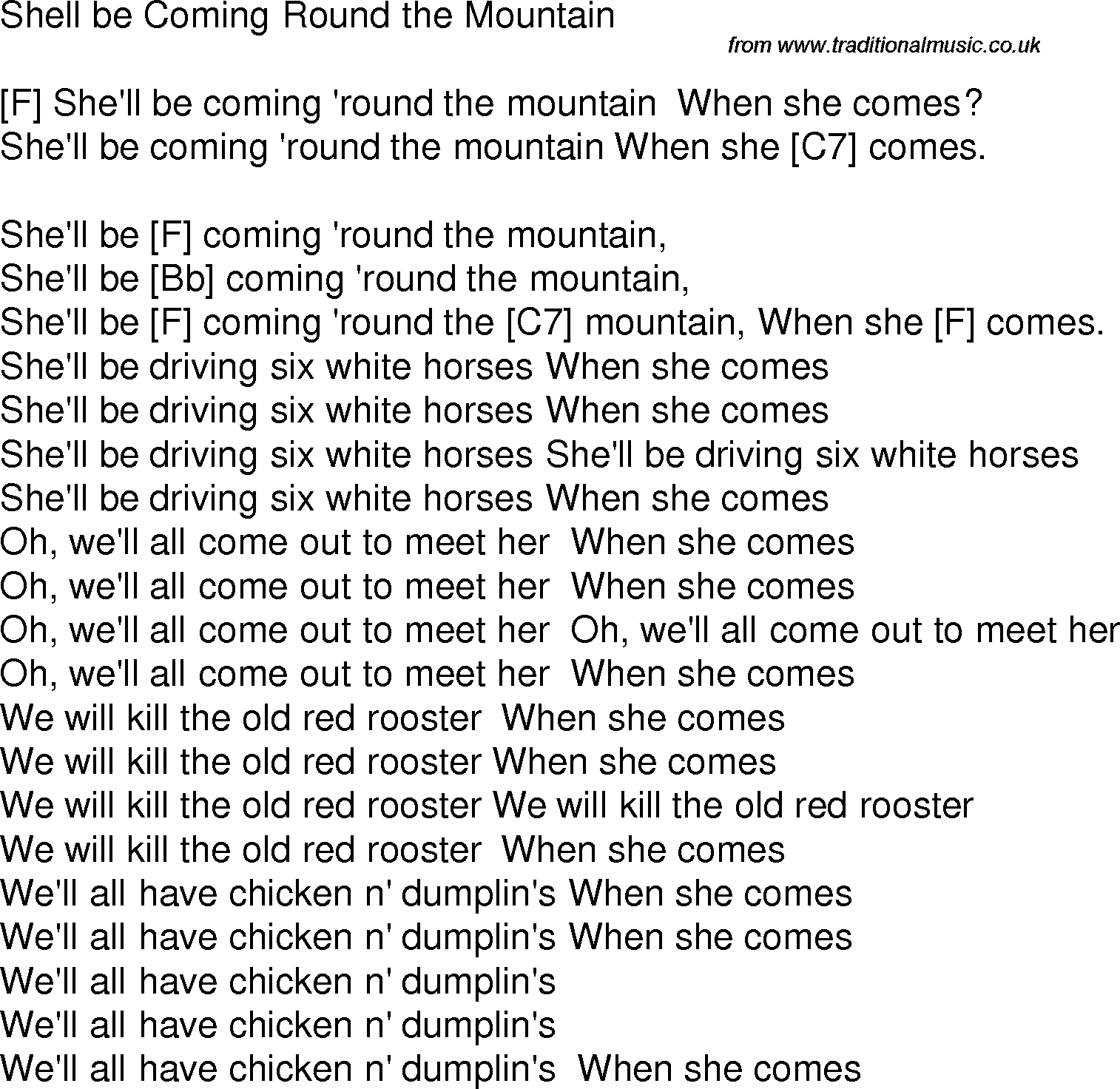 Old time song lyrics with chords for Shell Be Coming Round The Mountain F