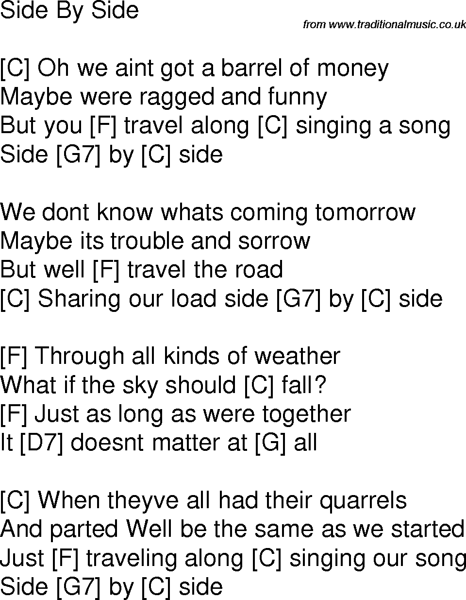Old time song lyrics with chords for Side By Side C