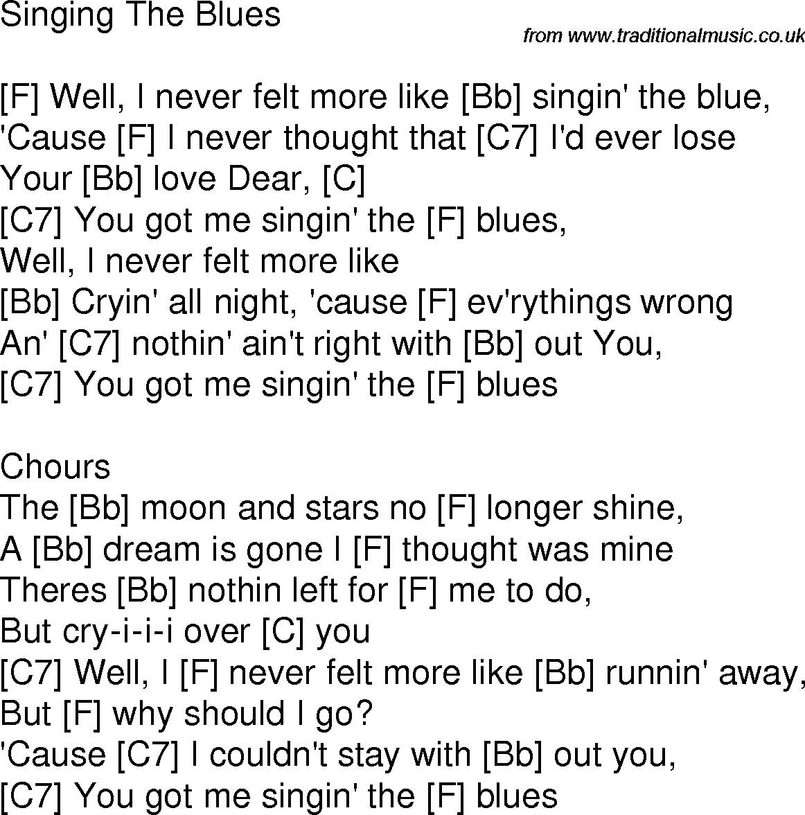 Old time song lyrics with chords for Singin' The Blues F