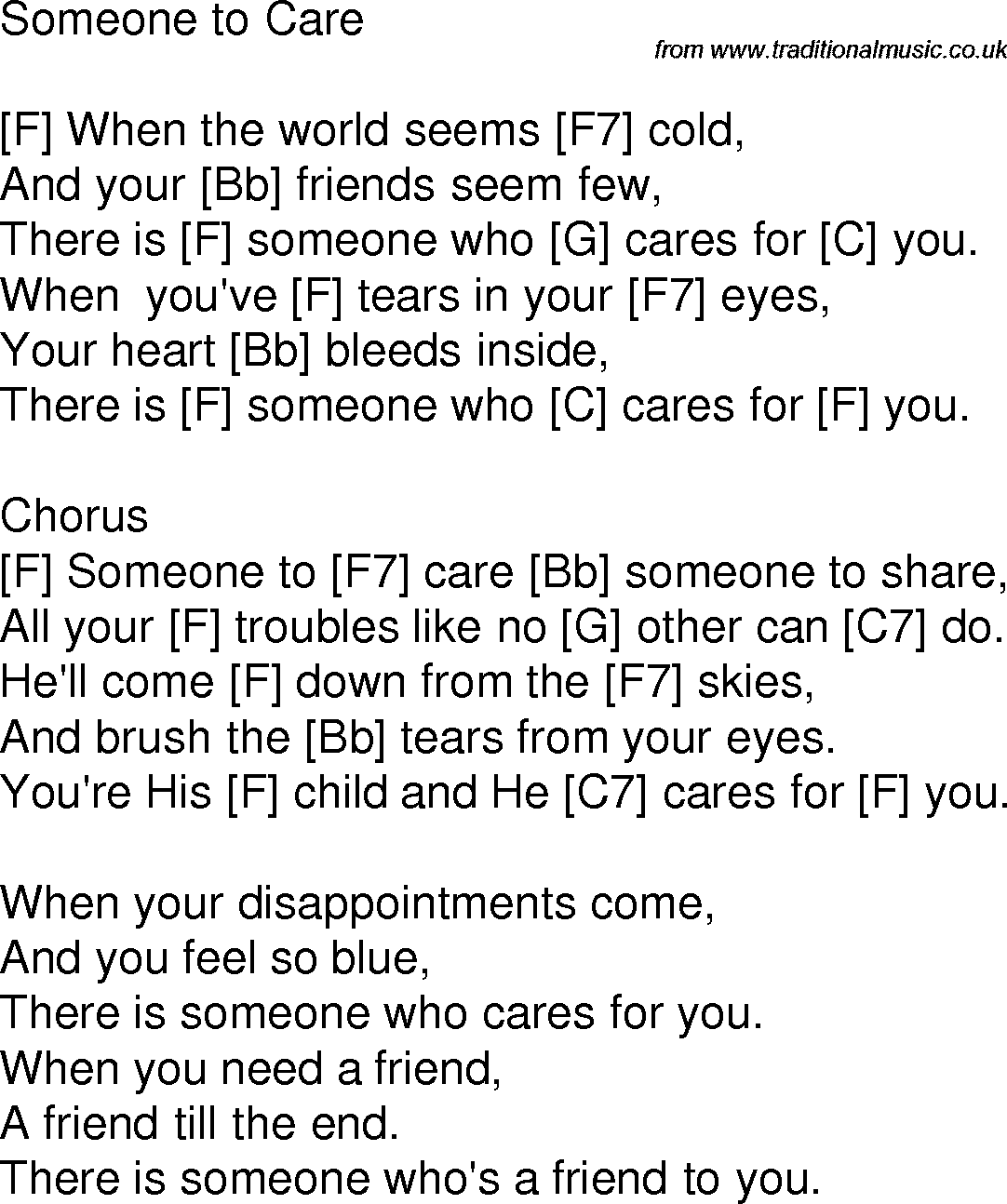 Old time song lyrics with chords for Someone To Care F