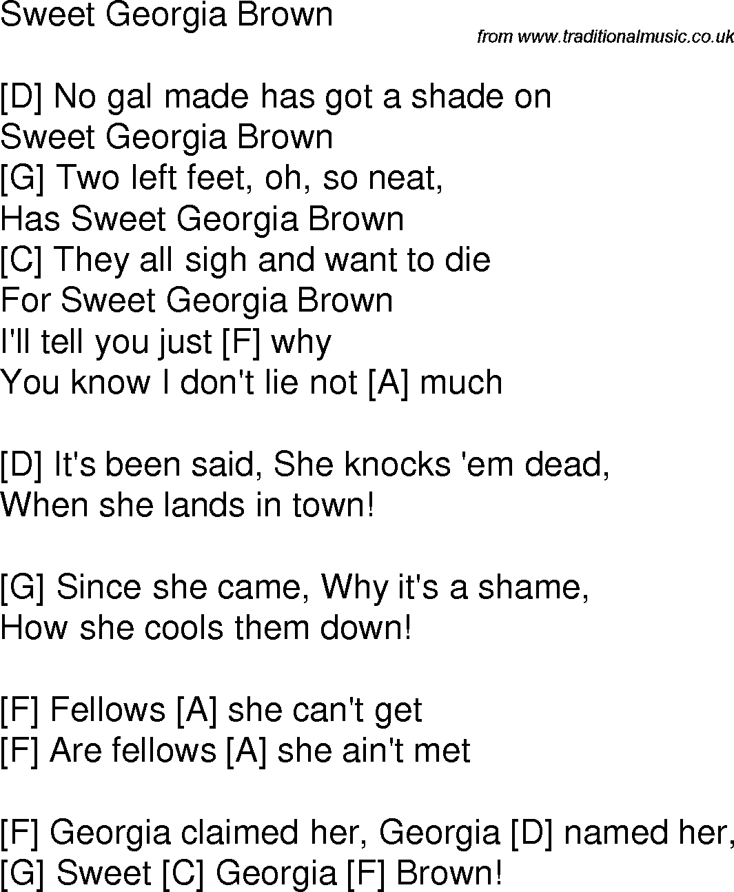 Old time song lyrics with chords for Sweet Georgia Brown F